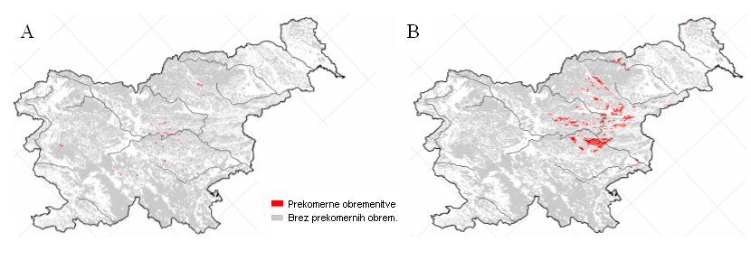 Prekomerne obremenitve gozdnih ekosistemov z duikom, ki povzroa evtrofikacijo (A) in spojinami duika in vepla, ki povzroajo zakisovanje (B)